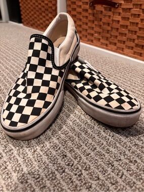 Vans Slip-On Checkerboard Canvas Skate Shoes - Black & White
